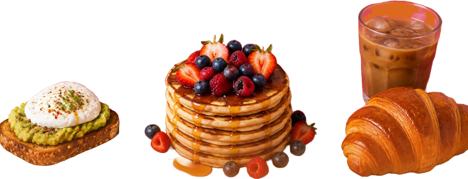 Pancakes, tartine d'avocat et croissant sur une table, ambiance brunch.